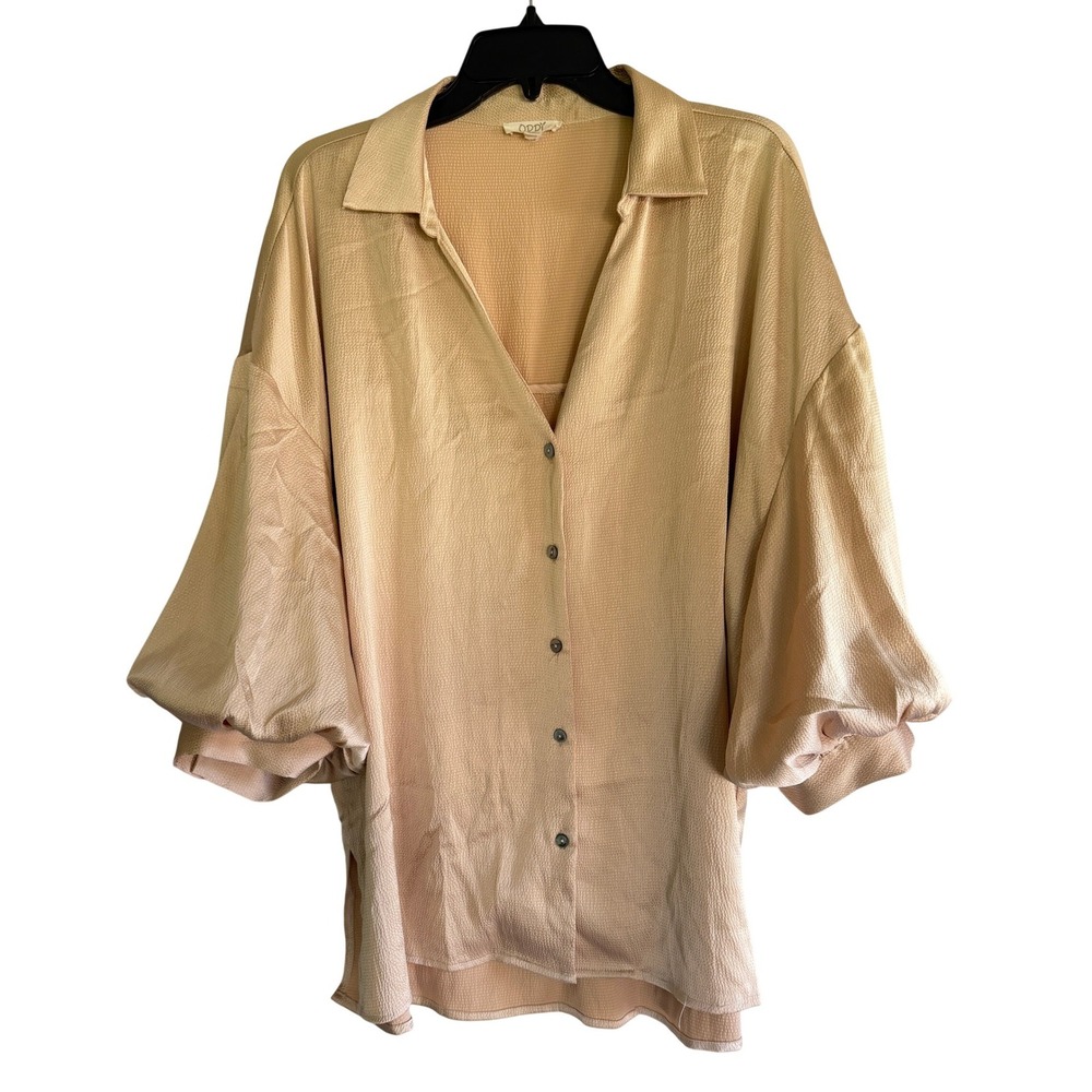 ODDI Champagne‎ Gold Textured Satin Balloon Sleeve Oversized Blouse 2XL IT14587P
